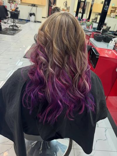 Violet and purple balayage waves over a brunette base