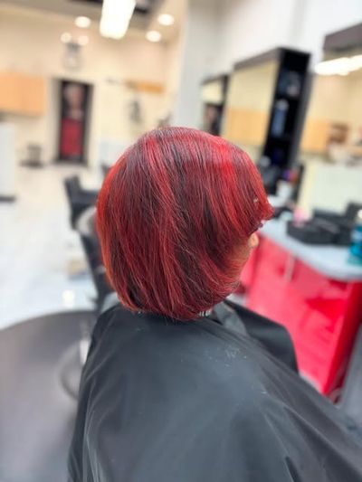 Vivid red layered bob, freshly styled